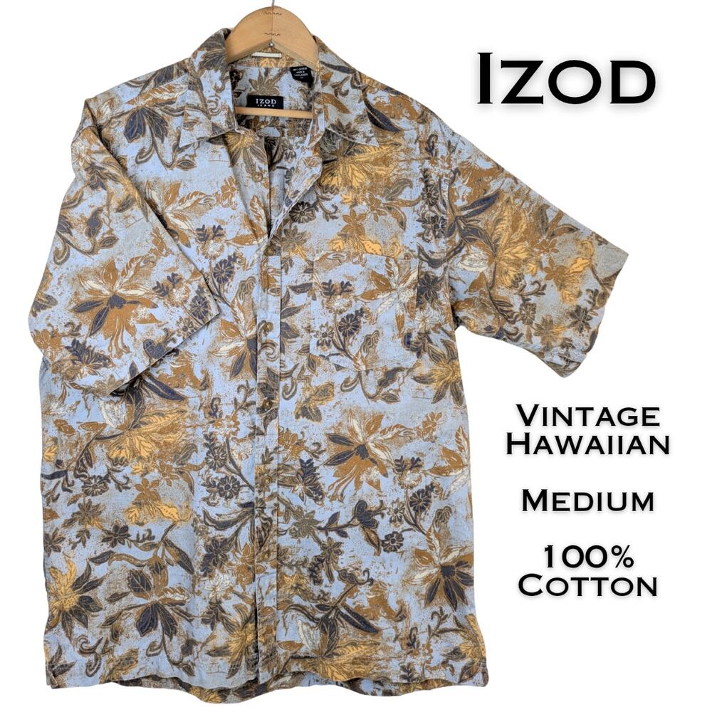 VTG Izod Jeans Mens Hawaiian Shirt Medium Blue Gold Cotton Short Sleeve Button